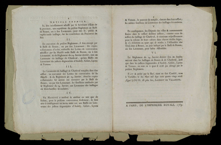 Règlement imprimé concernant la convocation des Etats-Généraux dans les bailliages de Rouen et Charleval et dans les justices seigneuriales d'Andely, Gisors, Lyons et Vernon.