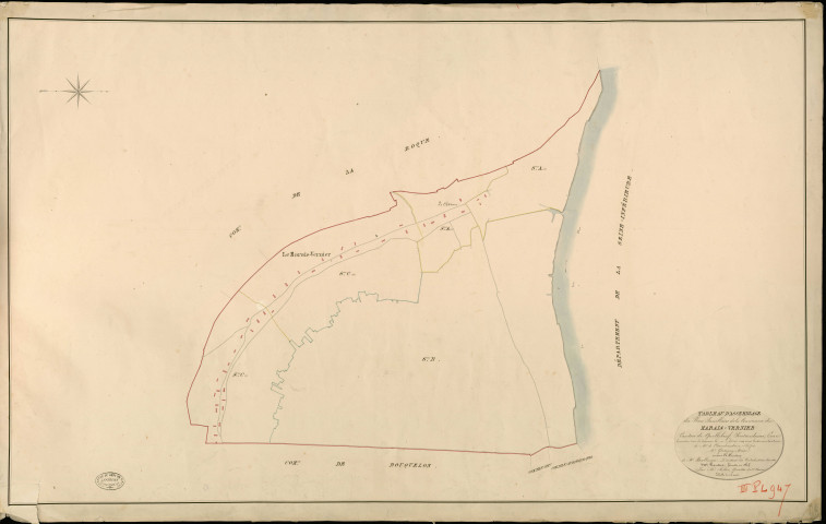 Marais-Vernier. Tableau d'assemblage _ du Plan Parcellaire de la Commune de Marais-Vernier _ Canton de Quillebeuf - Pontaudemer - Eure. _ Terminé sur le Terrain le 10 aout 1830, sous l'administration de M. de Chambaudoin, Préfet _ M. Glatigny, Maire _ sous la Direction de M. Boullenger, Directeur des Contributions directes _ M. Hautier, Géomètre en Chef. _ Par M. Ribot, Géomètre de 1re classe.