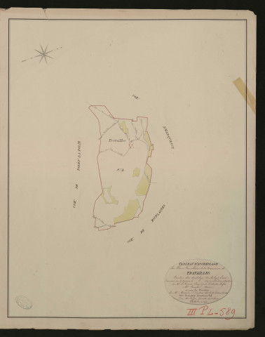 Travailles. Tableau d'assemblage du Plan Parcellaire de la Commune de Travailles. _ Canton des Andelys - Andelys, Eure. _ Terminé le terrain en 1830, sous l'administration de M. Le Vicomte Raymond Delaitre, Préfet - M. Canivel, Maire et sous la direction de M. Marel, Directeur des Contributions directes. _ - M. Hautier, Géomètre en Chef. _ Par M. Caffin, Géomètre de 1re classe.