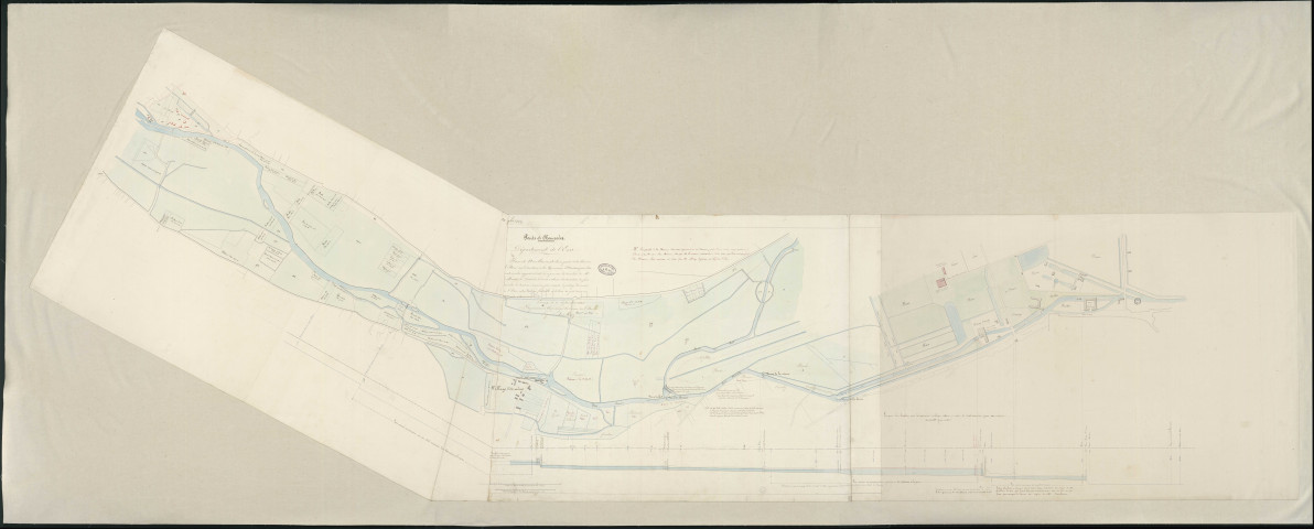 Plan et nivellement d'une partie de la rivière Iton sur Evreux et Arnières pour être joint à la demande d'autorisation de travaux par Mr le marquis de Dauvet pour le partage des eaux .