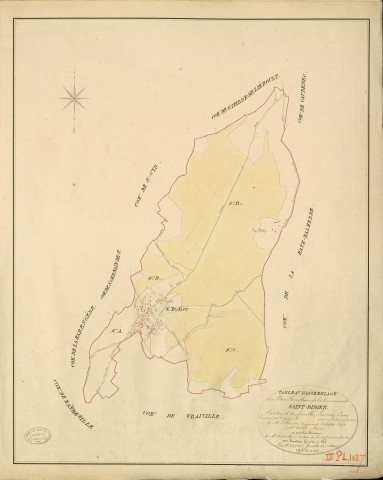 Saint-Didier-des-Bois. Tableau d'assemblage _ du Plan Parcellaire de la Commune de Saint-Didier _ Canton d'Amfreville - Louviers - Eure. _ Terminé sur le Terrain en 1828 , sous l'administration de M. Le Vicomte Raymond Delaître , Préfet _ M. Vallée, Maire _ sous la Direction de M.Hurtrelle, Directeur des Contributions directes _ M. Hautier, Géomètre en Chef. _ Par M. Auxerre, Géomètre de 1re classe.