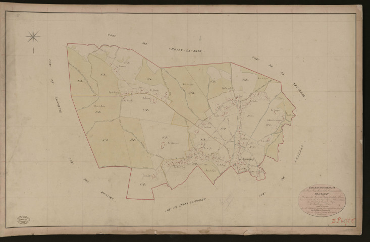 Tronquay (Le). Tableau d'assemblage du Plan Parcellaire de la Commune du Tronquay _ Canton de Lyons-la-Forêt - Andelys - Eure. _ Terminé sur le terrain le 21 octobre 1847, sous l'administration de M. Petit de Bandel, Préfet - M. Boullenger, Maire et sous la direction de M. Violas, Directeur des Contributions directes. _ M. Le Fébure, Géomètre en Chef. _ Par M. Le Grain, Géomètre de 1re classe
