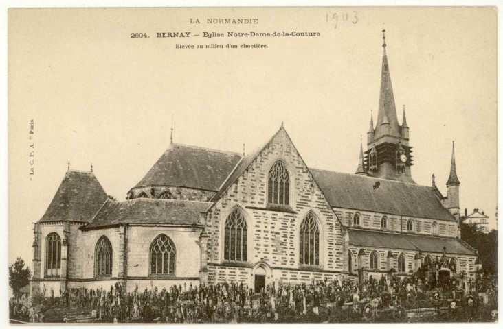 Bernay. Eglise Notre-Dame de la Couture-Elevée au milieu d'un cimetière.