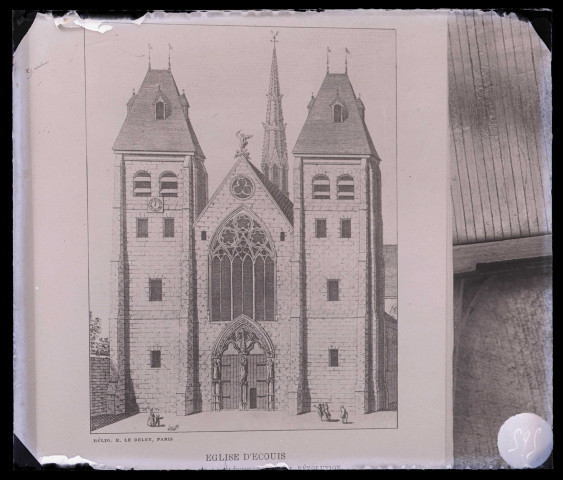 Héliotypie représentant la façade de l'église d'Écouis (Eure).