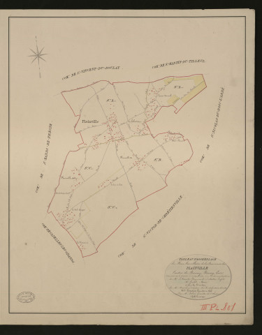 Plainville. Tableau d'assemblage _ du Plan Parcellaire de la Commune de Plainville. _ Canton de Bernay - Bernay - Eure. _ Terminé sur le terrain le 25 avril 1830 sous l'administration de M.Le Vicomte Raymond Delaitre Préfet _ M.Groult, maire _ en sous la Direction de M. Hurtrelle, Directeur des Contributions directes. _ M. Hautier, Géomètre en Chef. _ Par M.Folin, Géomètre de 1re classe.