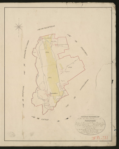 Nassandres. Tableau d'assemblage du Plan Parcellaire de la Commune de Nassandres _ Canton de Beaumont-le-Roger - Bernay - Eure. _ Terminé sur le terrain le 1826, sous l'administration de M. Le Vicomte Raymond Delaitre, Préfet - M. Hamel, Maire et sous la direction de M. Hurtelle, Directeur des Contributions directes. _ M. Hautier, Géomètre en Chef. _ Par M. Roger, Géomètre de 1re classe