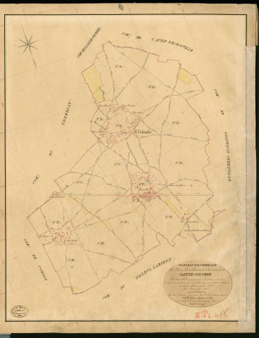 Sainte-Colombe-la-Campagne. Tableau d'assemblage _ du Plan Parcellaire de la Commune de Sainte Colombe _ Canton de Evreux (nord) - Evreux - Eure. _ Terminé sur le Terrain le 15 Juillet 1841 , sous l'administration de M. de Monicault, Préfet _ M. Bonnel, Maire _ sous la Direction de M. Garnier, Directeur des Contributions directes _ M. Le Fébure, Géomètre en Chef. _ Par M. Le Grain, Géomètre de 1re classe.