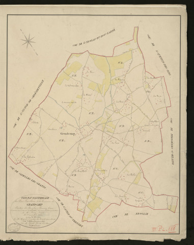 Grandcamp. Tableau d'assemblage _ du Plan Parcellaire de la Commune de _ Grandcamp _ Canton de Broglie - Bernay - Eure. _ Terminé sur le terrain le 4 octobre 1831 sous l'administration _ de Mr Passy, Préfet _ Mr Demargevt, Maire _ et sous la direction _ de Mr Marel, directeur des Contributuions directes _ Mr Lefébure, géomètre en chef. _ Par Mr Lefroid, Géomètre de 1ère classe _ Echelle de 1 à 10,000