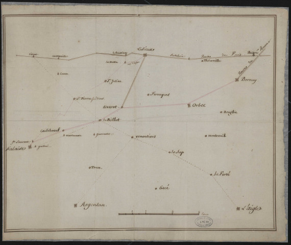 Tracé de la route de Bernay à Falaise, par Orbec et Vimoutiers.