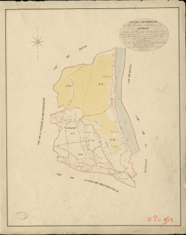 Caumont. Tableau d'assemblage _ du Plan Parcellaire de la Commune de Caumont _ Canton de Routot - Pontaudemer - Eure. _ Terminé sur le Terrain en 1826 , sous l'administration de M.Le Vicomte Raymond Delaitre, Préfet _ M. Decolombel, Maire _ sous la Direction de M.Hurtrelle, Directeur des Contributions directes _ M. Hautier, Géomètre en Chef. _ Par M. Charpentier, Géomètre de 1re classe.