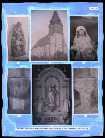 "Églises rurales du département de l'Eure" du chanoine Bonnenfant tome I, planche XXI Boissey-le-Châtel (Eure), La Boissière (Eure), Buis-sur-Damville (Eure) et La Bonneville-sur-Iton (Eure).
