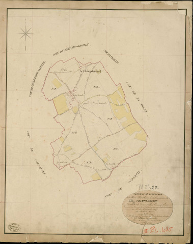 Champ-Dominel. Tableau d'assemblage _ du Plan Parcellaire de la Commune de Champdominel _ Canton de Damville - Evreux - Eure. _ Terminé sur le Terrain le 24 Décembre 1838 , sous l'administration de M. de Monicault, Préfet _ M. Millard, Maire _ sous la Direction de M. Garnier, Directeur des Contributions directes _ M. Le Fébure, Géomètre en Chef. _ Par M. Canu, Géomètre de 1re classe.