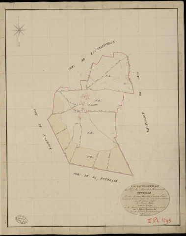 Neuville-près-Saint-André. Tableau d'assemblage _ du Plan Parcellaire de la Commune de Neuville _ Canton de Saint André - Evreux - Eure. _ Terminé sur le Terrain le 4 Septembre 1837, sous l'administration de M. Passy, Préfet _ M. Bence, Maire _ et sous la Direction de M. Marel, Directeur des Contributions directes _ M. Le Fébure, Géomètre en Chef. _ Par M. Ledanois, Géomètre de 1re classe.