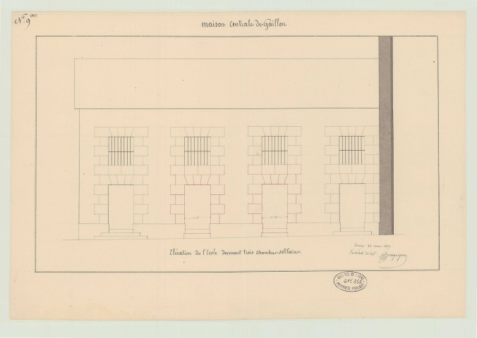 Gaillon _"Maison centrale de détention dans l'ancien château de Gaillon. Elévation de l'école devenant 3 chambres solitaires".
