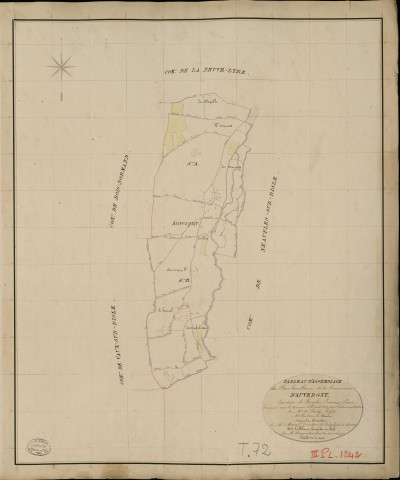 Auvergny. Tableau d'assemblage _ du Plan Parcellaire de la Commune d'Auvergny _ Canton de Rugles - Evreux - Eure. _ Terminé sur le Terrain le 6 Aout 1834, sous l'administration de M. A Passy, Préfet _ M. Boitron, Maire _ et sous la Direction de M. Marel, Directeur des Contributions directes _ M. Lefébure, Géomètre en Chef. _ Par M. Charpentier, Géomètre de 1re classe.