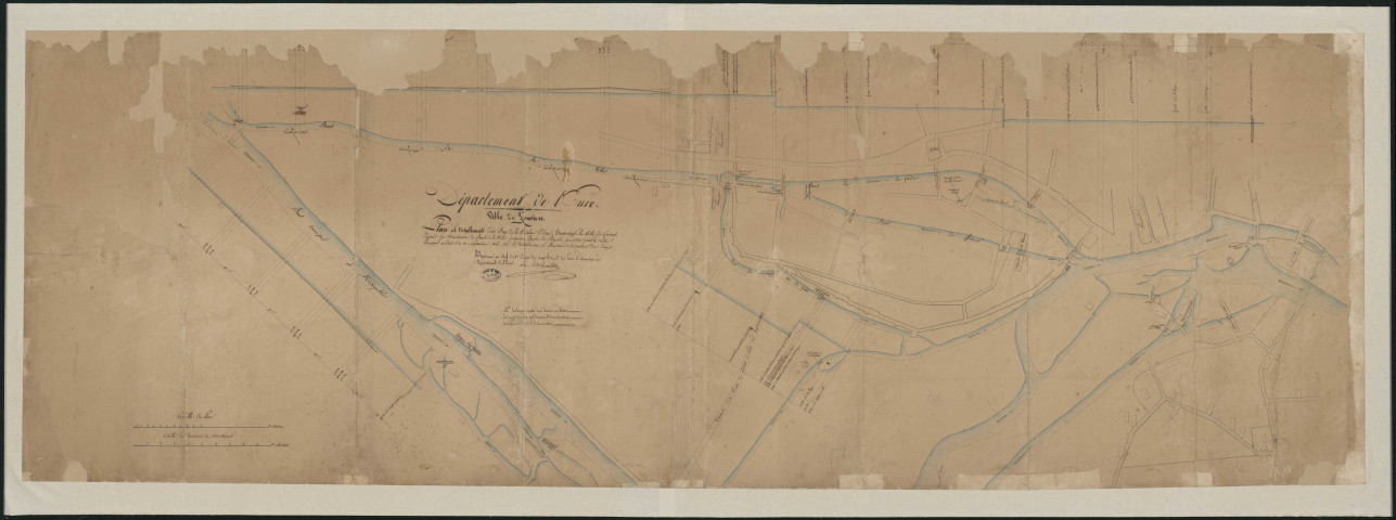 "Plan et nivellement des bras de la rivière Eure traversant la ville de Louviers".