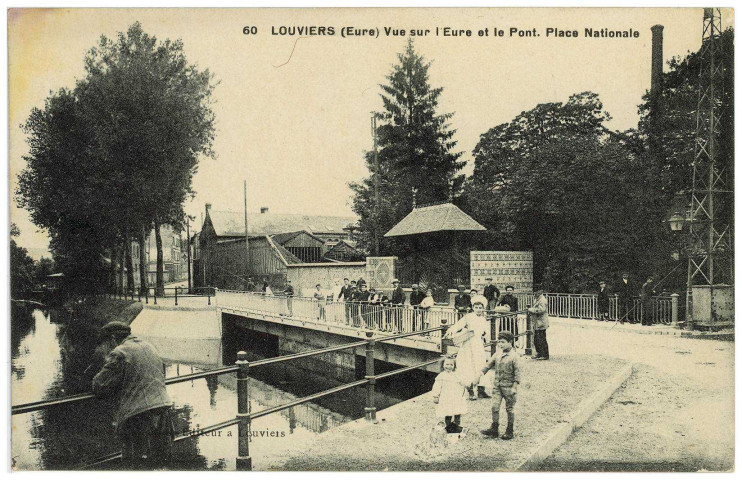 Louviers-Ville. Vue sur l'Eure et le Pont. Place Nationale.