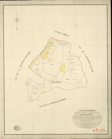 Noé-Poulain (La). Tableau d'assemblage _ du Plan Parcellaire de la Commune de la Noe-Poulain _ Canton de St Georges-du-Vièvre - Pontaudemer - Eure. _ Terminé sur le Terrain le 21 avril 1838 , sous l'administration de M. de Monicault, Préfet _ M. Vottement, Maire _ sous la Direction de M.Garnier, Directeur des Contributions directes _ M. Le Fébure, Géomètre en Chef. _ Par M. Pizier, Géomètre de 1re classe.