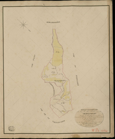 Champignolles. Tableau d'assemblage _ du Plan Parcellaire de la Commune de Champignolles _ Canton de Rugles - Evreux - Eure. _ Terminé sur le Terrain le 24 Juillet 1834, sous l'administration de M. A Passy, Préfet _ M. Raisant, Maire _ et sous la Direction de M. Marel, Directeur des Contributions directes _ M. Lefébure, Géomètre en Chef. _ Par M. Depoilly, Géomètre de 1re classe.