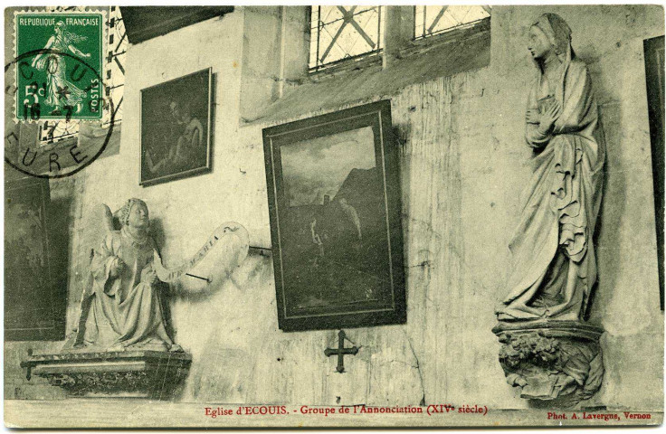 Ecouis. Eglise d'Ecouis. - Groupe de l'Annonciation (XIVe siècle).