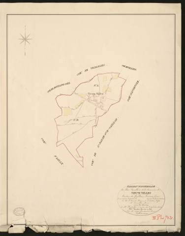 Vieux-Villez. Tableau d'assemblage du Plan Parcellaire de la Commune de Vieux-Villez _ Canton de Gaillon - Louviers - Eure. _ Terminé sur le terrain en 1829, sous l'administration de M. Le Vicomte Raymond Delaitre, Préfet - M. le Baron de St.-Renoult, Maire et sous la direction de M. Hurtrelle, Directeur des Contributions directes. _ M. Hautier, Géomètre en Chef. _ Par M. Roger, Géomètre de 1re classe