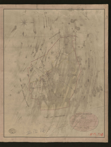 Lilly. Tableau d'assemblage du Plan Parcellaire de la Commune de Lilly _ Canton de Lyons-la-Forêt - Andelys - Eure. _ Terminé sur le terrain le 2 octobre 1847, sous l'administration de M. Petit de Bantel, Préfet - M. de l'Isle, Maire et sous la direction de M. Violas, Directeur des Contributions directes. _ M. Le Fébure, Géomètre en Chef. _ Par M. Gérard, Géomètre de 1re classe
