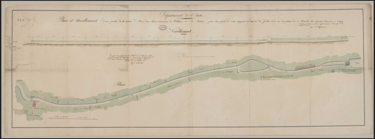 "Plan et nivellement d'une partie de la rivière d'Avre dans les communes de Tillières et de Bérou, pour être joints à notre rapport en date du 30 juillet 1823, sur la pétition du Sr. Mouchel fils, négociant demeurant à L'Aigle".