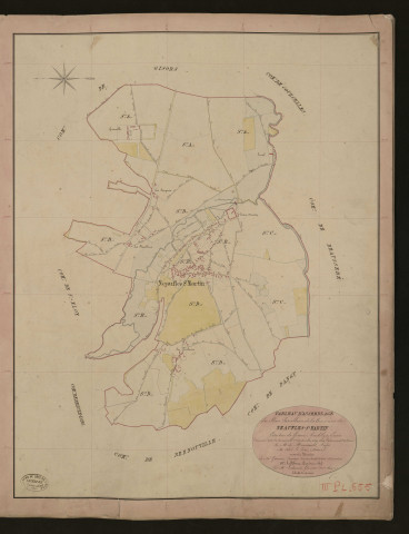 Neaufles-Saint-Martin. Tableau d'assemblage du Plan Parcellaire de la Commune de Neaufles-Saint-Martin. _ Canton de Gisors - Andelys - Eure. _ Terminé sur le terrain le 1er septembre 1840, sous l'administration de M. de Monicault, Préfet - M. Abel Le Père, Maire et sous la direction de M. Garnier, Directeur des Contributions directes. _ M. Le Fébure, Géomètre en Chef. _ Par M. Ledanois, Géomètre de 1re classe
