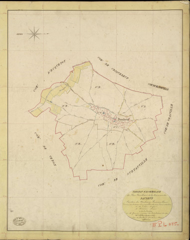 Daubeuf-la-Campagne. Tableau d'assemblage _ du Plan Parcellaire de la Commune de Daubeuf la Vieille _ Canton de Neubourg - Louviers - Eure. _ Terminé sur le Terrain le 27 Septembre 1844, sous l'administration de M. Zédé, Préfet _ M. Hervieu, Maire _ et sous la Direction de M. Garnier, Directeur des Contributions directes _ M. Le Fébure, Géomètre en Chef. _ Par M. Boullenger, Géomètre de 1re classe.