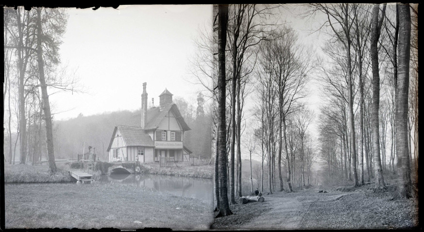 Maison des guides de France sur la rive de l'Andelle traversant la campagne de Radepont (Eure). Chemin de forêt de la campagne normande.