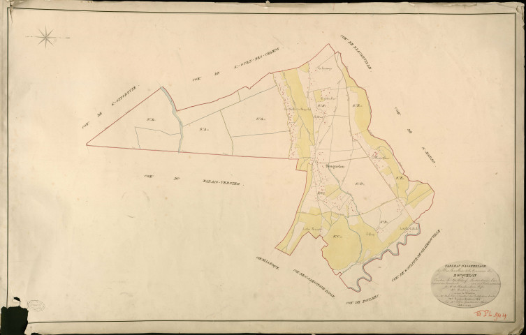 Bouquelon. Tableau d'assemblage _ du Plan Parcellaire de la Commune de Bouquelon _ Canton de Quillebeuf - Pontaudemer - Eure. _ Terminé sur le Terrain en 1824, sous l'administration de M. de Chambaudoin, Préfet _ M. Moulin, Maire _ sous la Direction de M. Aubelin, Directeur des Contributions directes _ M. Hautier, Géomètre en Chef. _ Par M. Pilfert, Géomètre de 1re classe.