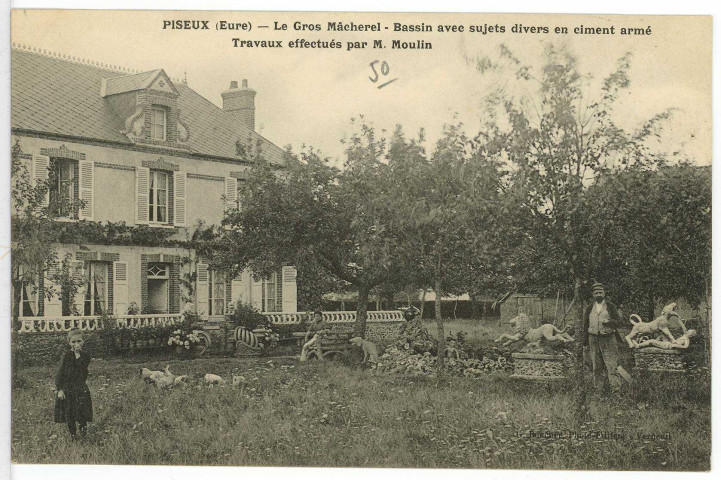 Piseux. Le Gros Mâcherel - Bassin avec sujets divers en ciment armé - Travaux effectués par M. Moulin.
