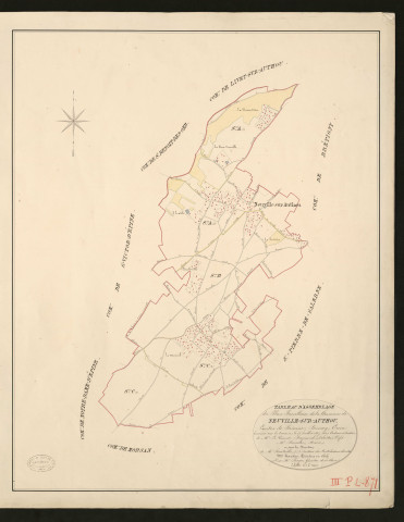 Neuville-sur-Authou. Tableau d'assemblage du Plan Parcellaire de la Commune de Neuville-sur-Autou. _ Canton de Brionne - Bernay - Eure. _ Terminé sur le terrain le 25 juillet 1827, sous l'administration de M. Le Vicomte Raymond Delaitre, Préfet - M. Bernière, Maire et sous la direction de M. Hurtelle, Directeur des Contributions directes. _ M. Hautier, Géomètre en Chef. _ Par M. Roger, Géomètre de 1re classe