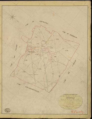 Epreville-près-le-Neubourg. Tableau d'assemblage _ du Plan Parcellaire de la Commune d'Epréville _ Canton de Neubourg - Louviers - Eure. _ Terminé sur le Terrain le 21 juillet 1844, sous l'administration de M. Zédé, Préfet _ M. Dumoutier, Maire _ et sous la Direction de M. Garnier, Directeur des Contributions directes _ M. Le Fébure, Géomètre en Chef. _ Par M. Le Grain, Géomètre de 1re classe.