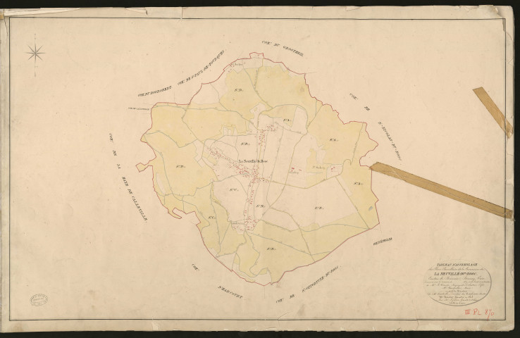 Neuville-du-Bosc (La). Tableau d'assemblage du Plan Parcellaire de la Commune de La Neuville-du-Bosc. _ Canton de Brionne - Bernay - Eure. _ Terminé sur le terrain en 1827, sous l'administration de M. Le Vicomte Raymond Delaitre, Préfet - M. Vauquelin, Maire et sous la direction de M. Hurtelle, Directeur des Contributions directes. _ M. Hautier, Géomètre en Chef. _ Par M. Lefebvre, Géomètre de 1re classe