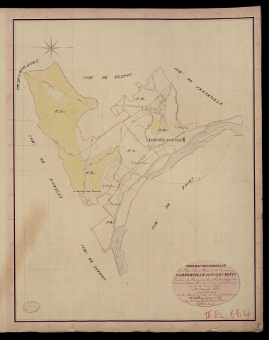 Amfreville-sous-les-Monts. Tableau d'assemblage du Plan Parcellaire de la Commune d'Amfreville-sous-les-Monts. _ Canton de Fleury-sur-Andelle - Andelys - Eure. _ Terminé sur le terrain le 27 mai 1836, sous l'administration de M. A. Passy, Préfet - M. Letanneur, Maire et sous la direction de M. Marel, Directeur des Contributions directes. _ M. Le Fébure, Géomètre en Chef. _ Par M. Depoilly, Géomètre de 1re classe