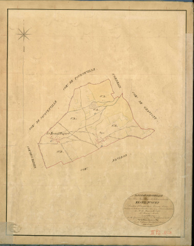 Mesnil-Fuguet (Le). Tableau d'assemblage _ du Plan Parcellaire de la Commune du Mesnil Fuguet _ Canton de Evreux (nord) - Evreux - Eure. _ Terminé sur le Terrain le 20 Mai 1841 , sous l'administration de M. de Monicault, Préfet _ M. Bernay, Maire _ sous la Direction de M. Garnier, Directeur des Contributions directes _ M. Le Fébure, Géomètre en Chef. _ Par M. Piedevant, Géomètre de 1re classe.