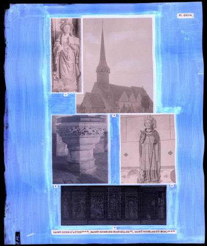 "Églises rurales du département de l'Eure" du chanoine Bonnenfant tome II, planche CXXIV Saint-Ouen-d'Attez (Eure), Gisay-la-Coudre (Eure) et Saint-Nicolas-du-Bosc (Eure).