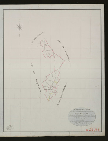 Livet-en-Ouche. Tableau d'assemblage _ du Plan Parcellaire de la Commune de Livet-en-Ouche. _ Canton de Beaumesnil - Bernay - Eure. _ Terminé sur le terrain le 25 juin 1833 sous l'administration de M. A. Passy, Préfet _ M.Ferval maire _ en sous la Direction de M. Marel, Directeur des Contributions directes. _ M. Le Fébure, Géomètre Chef. _ Par M. Depeilly, Géomètre de 1re classe.