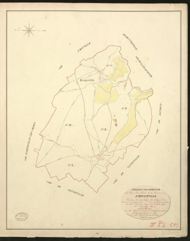 Heuqueville. Tableau d'assemblage du Plan Parcellaire de la Commune d'Heuqueville. _ Canton des Andelys - Andelys - Eure. _ Terminé sur le terrain en 1830, sous l'administration de M. Le Vicomte Raymond Delaitre, Prefet - M. Legendre, Maire et sous la direction de M. Marel, Directeur des Contributions directes. _ - M. Hautier, Géomètre en chef. _ Par M. Lefroid, Géomètre de 1re classe