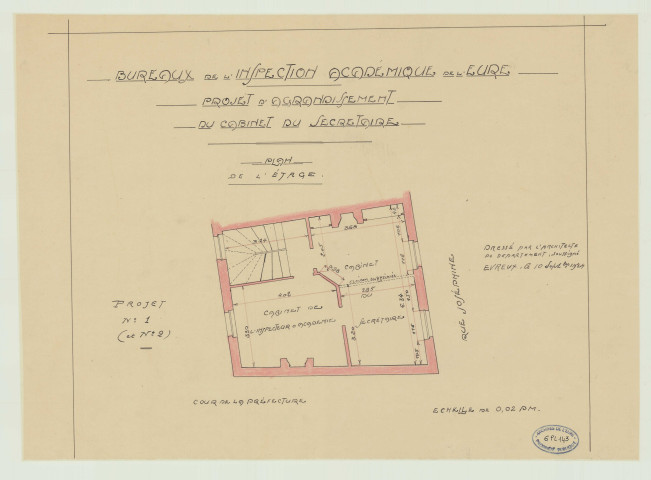 Evreux _"Bureaux de l'Inspection académique. Projet d'agrandissement du cabinet du secrétaire".
