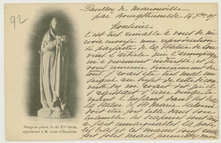 Bosguérard-de-Marcouville. Vierge en pierre, fin du XVe siècle, appartenant à Mr Louis d'Heudières.