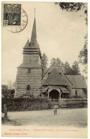 Beauficel-en-Lyons. L'Eglise (XIVe. Siècle). Porche en bois sculpté.