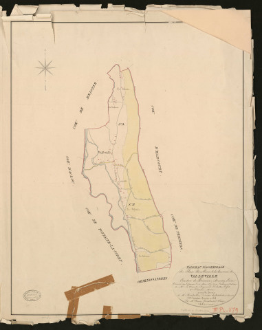 Valleville. Tableau d'assemblage _ du Plan Parcellaire de la Commune de Valleville _ Canton de Brionne - Bernay - Eure. _ Terminé sur le Terrain le 10 mai 1827, sous l'administration de M.le Vicomte Raymond Delaitre, Préfet _ M. Pelerin, Maire _ en sous la Direction de M. Hurtrelle, Directeur des Contributions directes _ M. Hautier, Géomètre en Chef. _ Par M. Canu, Géomètre de 1re classe.