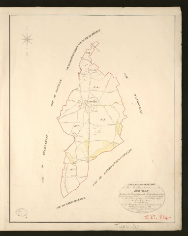 Berville-en-Roumois. Tableau d'assemblage _ du Plan Parcellaire de la Commune de Berville _ Canton de Bourgtheroulde - Pontaudemer - Eure. _ Terminé sur le terrain en 1828, sous l'administration de M.le Vicomte Raymond Delaitre, Préfet _ M. Grandin, maire _ en sous la Direction de M. Hurtrelle, Directeur des Contributions directes. _ M. Hautier, Géomètre en Chef. _ Par M. Auxerre, Géomètre de 1re classe.