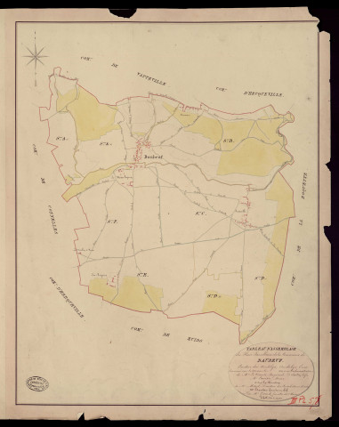 Daubeuf-près-Vatteville. Tableau d'assemblage du Plan Parcellaire de la Commune de Daubeuf. _ Canton des Andelys - Andelys - Eure. _ Terminé sur le terrain en 1830, sous l'administration de M. Le Vicomte Raymond Delaitre, Préfet - M. Carrière, Maire et sous la direction de M. Marel, Directeur des Contributions directes. _ - M. Hautier, Géomètre en chef. _ Par M. Gérard, Géomètre de 1re classe