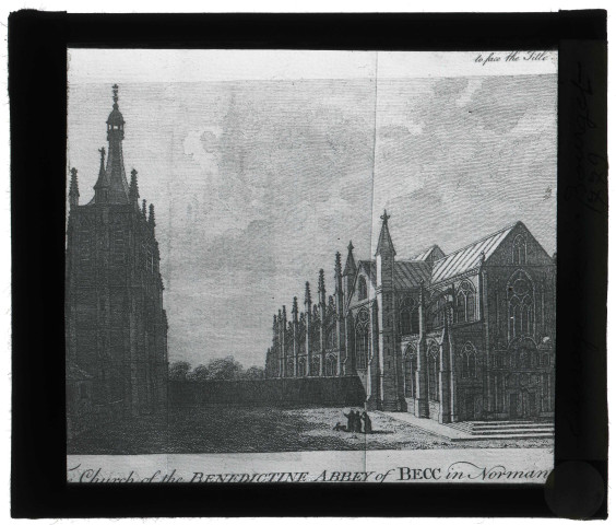 Abbaye Notre-Dame du Bec à Bec-Hellouin (Eure), vue générale sur l'église et une partie de la porte, gravure de Dom Bourget en 1779.