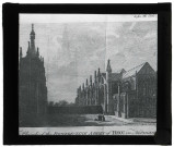 Abbaye Notre-Dame du Bec à Bec-Hellouin (Eure), vue générale sur l'église et une partie de la porte, gravure de Dom Bourget en 1779.