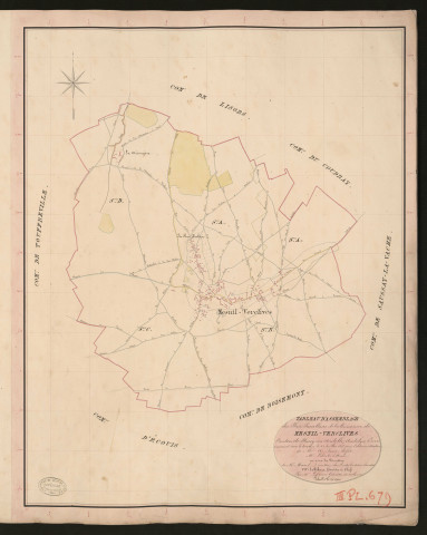 Mesnil-Verclives. Tableau d'assemblage du Plan Parcellaire de la Commune de Mesnil-Verclives. _ Canton de Fleury-sur-Andelle - Andelys - Eure. _ Terminé sur le terrain le 22 juillet 1835, sous l'administration de M. A. Passy, Préfet - M. Lebret, Maire et sous la direction de M. Marel, Directeur des Contributions directes. _ M. Le Fébure, Géomètre en Chef. _ Par M. Lefebvre, Géomètre de 1re classe