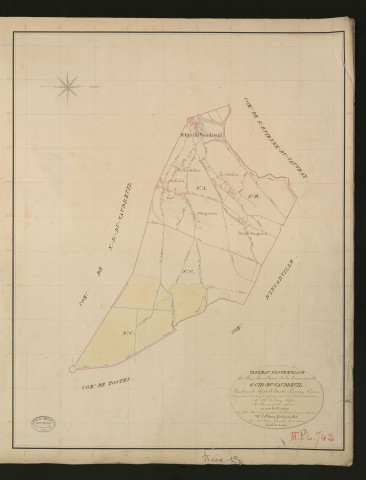Saint-Cyr-du-Vaudeuil. Tableau d'assemblage _ du Plan Parcellaire de la Commune de Saint-Cyr-du-Vaudeuil. _ Canton de Pont-de-l'Arche - Louviers - Eure. _ Terminé sur le terrain le 24 février 1834 sous l'administration de M. A. Passy, Préfet _ M. Chennevière, maire _ en sous la Direction de M. Marel, Directeur des Contributions directes. _ M. Le Fébure, Géomètre Chef. _ Par M. Canu, Géomètre de 1re classe.